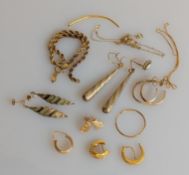 Three single earrings, unmarked, testing for 18ct gold, 3.75g; four pairs of earrings, a bracelet