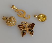 Four gem-set pendants om yellow gold settings, stamped or testing for 18ct, 7.2g (4)