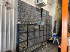 WALL OF ASSORTED BIN BOXES WITH FASTENERS, CONNECTORS, VALVES, FITTINGS, WASHERS, PIPE CLAMPS,