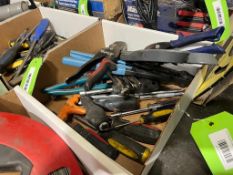 LOT BOX OF ASSORTED SCREW DRIVERS, PLIERS, CUTTERS, WRENCHES