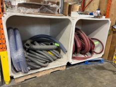 LOT (2) SKIDS OF ASSORTED HOSES OF DIFFERENT SIZES AND LENGTHS WITH STORAGE BINS