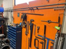 WALL OF ASSORTED TOOLS, BIN BOXES OF FASTENERS, WRENCHES, DRILL BITS, PIPE THREADER, SCREW DRIVERS,