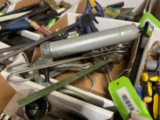 LOT BOX OF ASSORTED CLAMPS, GREASE GUN, TONGS, PNEUMATIC TOOL