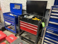 TOBEQ PORTABLE TOOL BOX 31 X 40 X 20IN WITH ASSORTED CONTENTS OF WRENCHES AND TOOLS