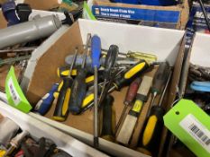 LOT BOX OF ASSORTED SCREW DRIVERS, LEVEL