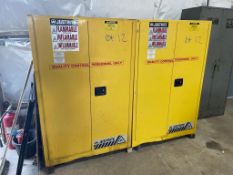LOT (2) JUSTRITE FLAMMABLE STORAGE CABINETS WITH ASSORTED CONTENTS OF PAINT CANS, LUBRICANTS, ADHESI