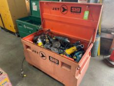 JET SHD SITE SAFE JOB BOX WITH APPROX (45) ASSORTED POWER TOOLS OF GRINDERS, DRILLS, MAKITA, DEWALT,