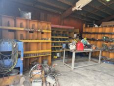 LOT (4) CUBBIES AND TABLE WITH CONTENTS OF AREA INCLUDING LARGE SOCKETS, PNEUMATIC FITTINGS, LIFTING