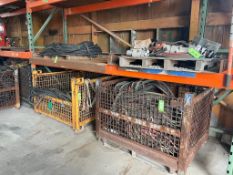 LOT (2) CRATE CAGES AND (2) SKIDS WITH ASSORTED WIRES, CABLES, HOSES [BUILDING 2]