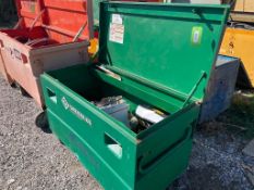 GREENLEE JOB BOX WITH ASSORTED FACE SHIELS, SAFETY GLASSES, ABRASIVES, BOOT BRUSH [OUTSIDE BUILDING