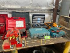 LOT (7) ASSORTED POWER TOOLS, MAKITA DRILL, HITACHI HAMMER DRILL, (2) HILTI DX462-HM METAL STAMPING