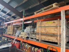 LOT (5) ASSORTED SKIDS AND PALLETS OF ELECTRIC MOTORS, CYLINDER PARTS, HOSES, ASSORTED HAND TOOLS, W