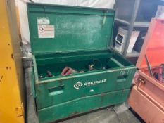 GREENLEE JOB BOX WITH APPROX (30) ASSORTED POWER TOOLS GRINDERS, DRILLS, SAW-ZAW, MAKITA, DEWALT, MI