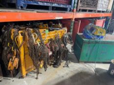 LOT (3) STEEL BINS WITH ASSORTED CHAINS, HOISTS, HOOKS [BUILDING 2]