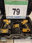 A DEWALT 18V Drill Set with A DCD778 Combi Drill, A DCF 787 Impact Wrench, Mains Battery Charger and