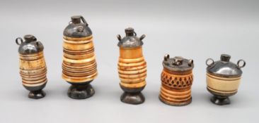 5 antike Snuffbottles/Schnupftabakdosen, Japan, Bein geschnitzt, Silbermonturen, H 4,5 bis 7,5 cm.
