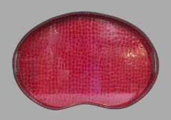 Großes Designer Henkeltablett, Italien, Sawaya & Moroni, nierenförmig, rotes Lackleder in Reptilien