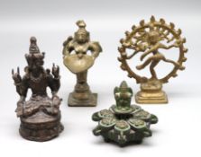 4 diverse Kleinbronzen, Indien/Tibet/Nepal/Südostasien, Ganesha-Tikka-Dose, weibliche Gottheit mit 