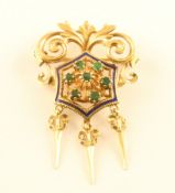 Brosche, 750/ooo Gelbgold, Smaragd u. Emaille, 13,3g