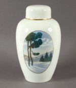 Deckelvase, schneebedeckte Winterlandschaft, Kriegsmarke, Rosenthal, 1918