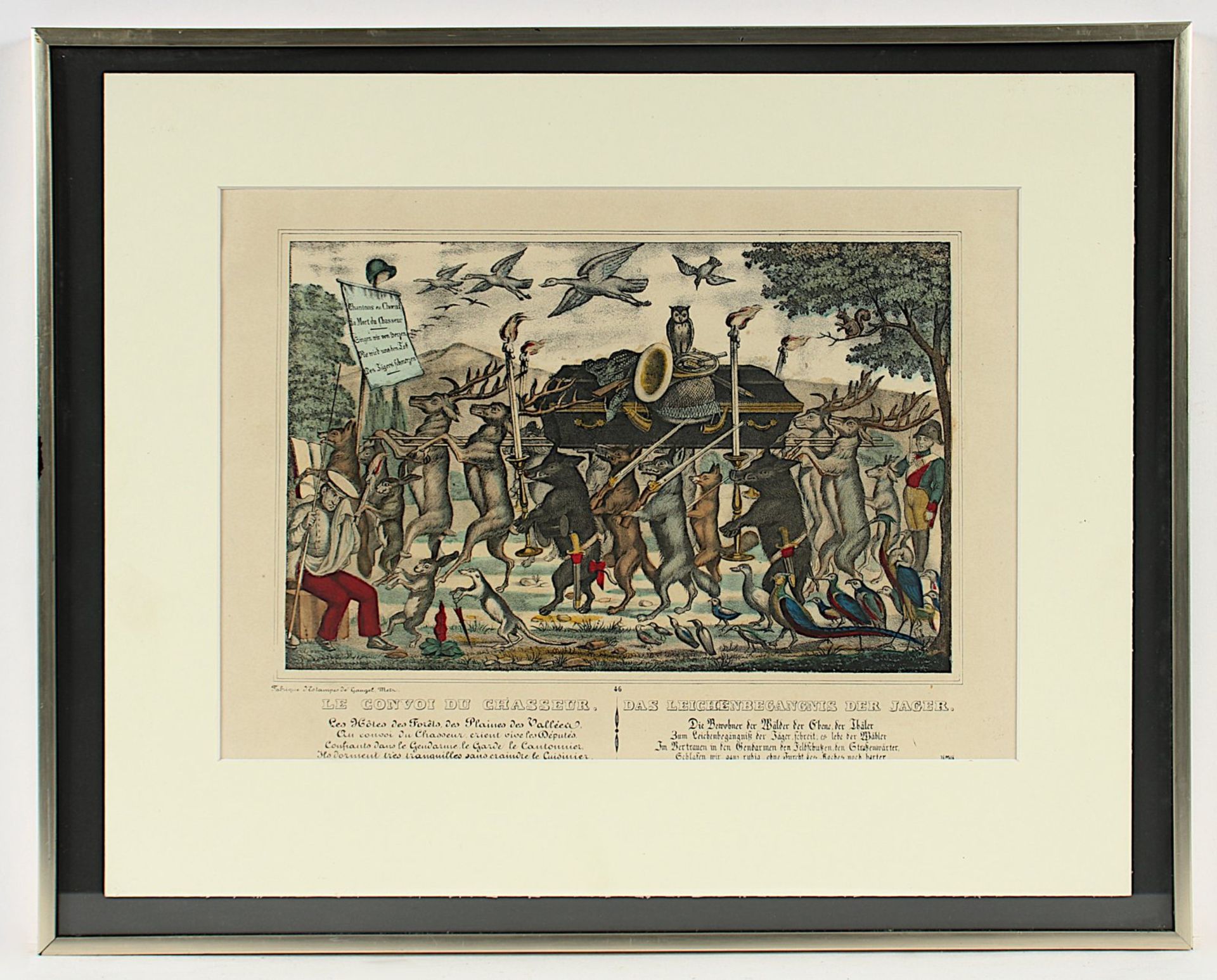 Das Leichenbegräbnis der Jäger, kolorierte Lithografie, R.