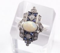 Art-Deco Ring, Platin, Brillanten u. Safire