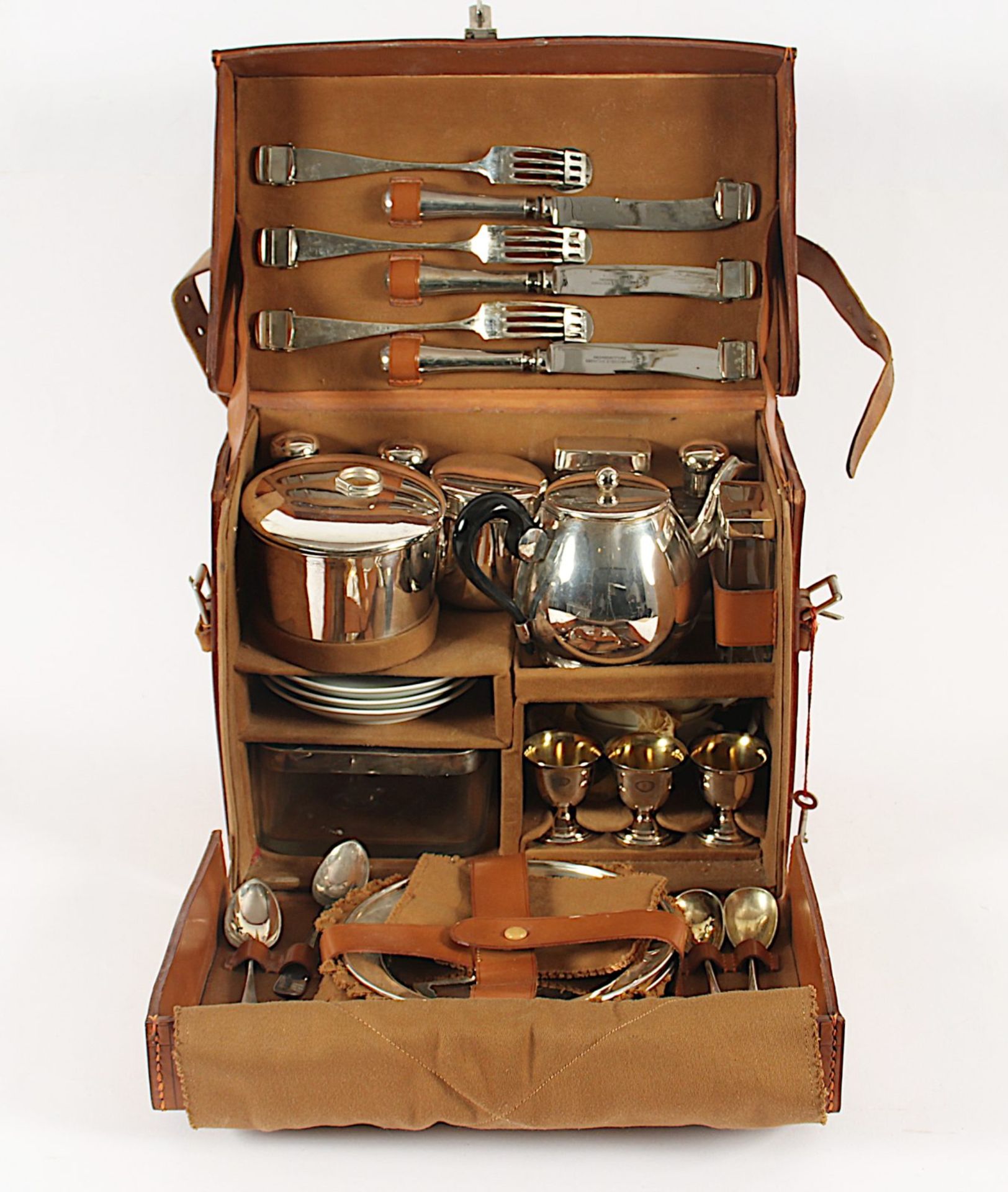 Picknickkoffer für drei Personen, Leder, Silber, Porzellan, Glas, deutsch, um 1900