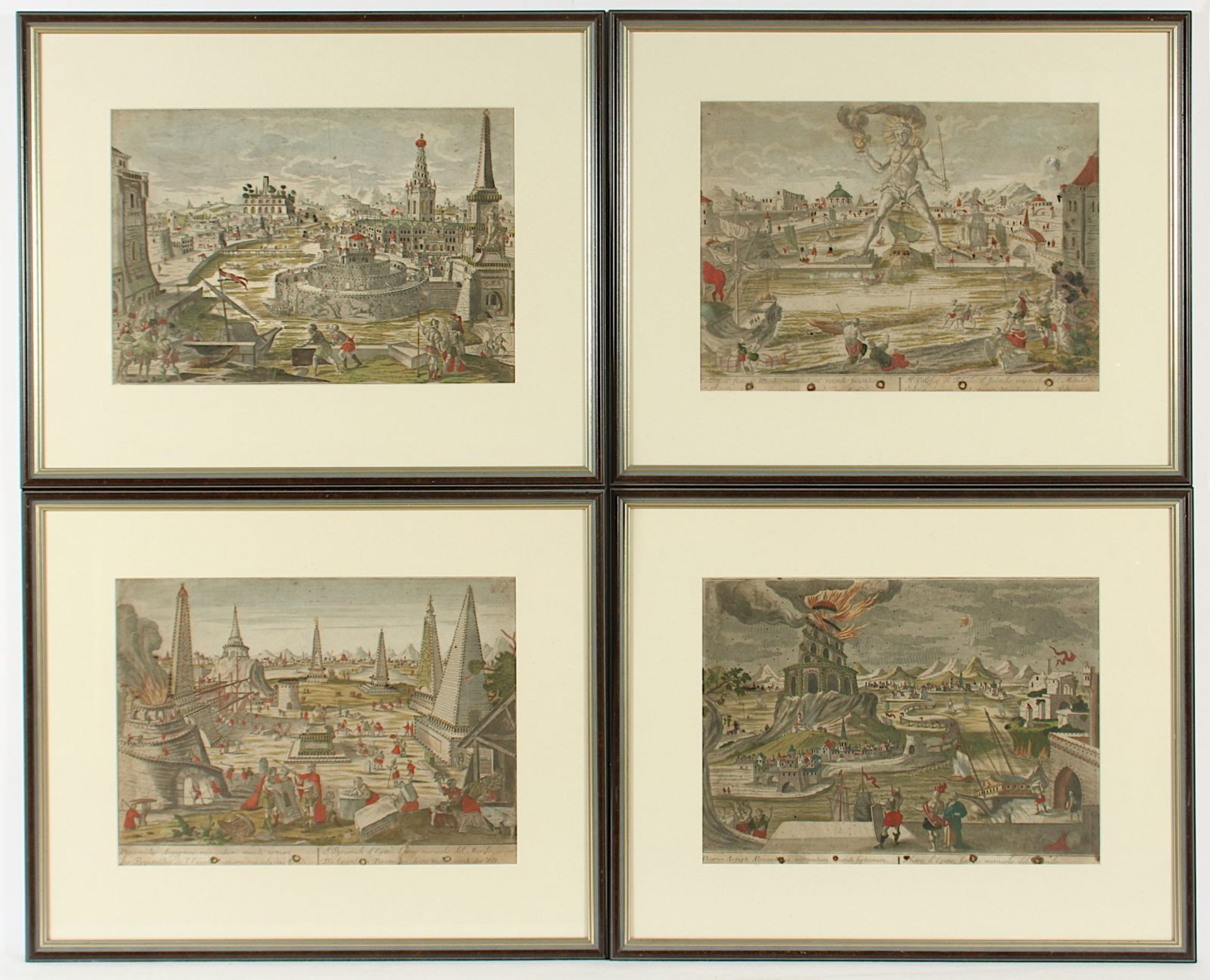 vier Guckkastenblätter, illuminiert, aus den Weltwundern, B. Probst, um 1770