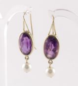 Paar Amethystohrhänger, 585/ooo Gelbgold, geprüft, Perlen