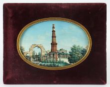 Miniatur Qutub Minar und eiserne Säule in Delhi, Farben auf Elfenbein, Indien, E.19.Jh.