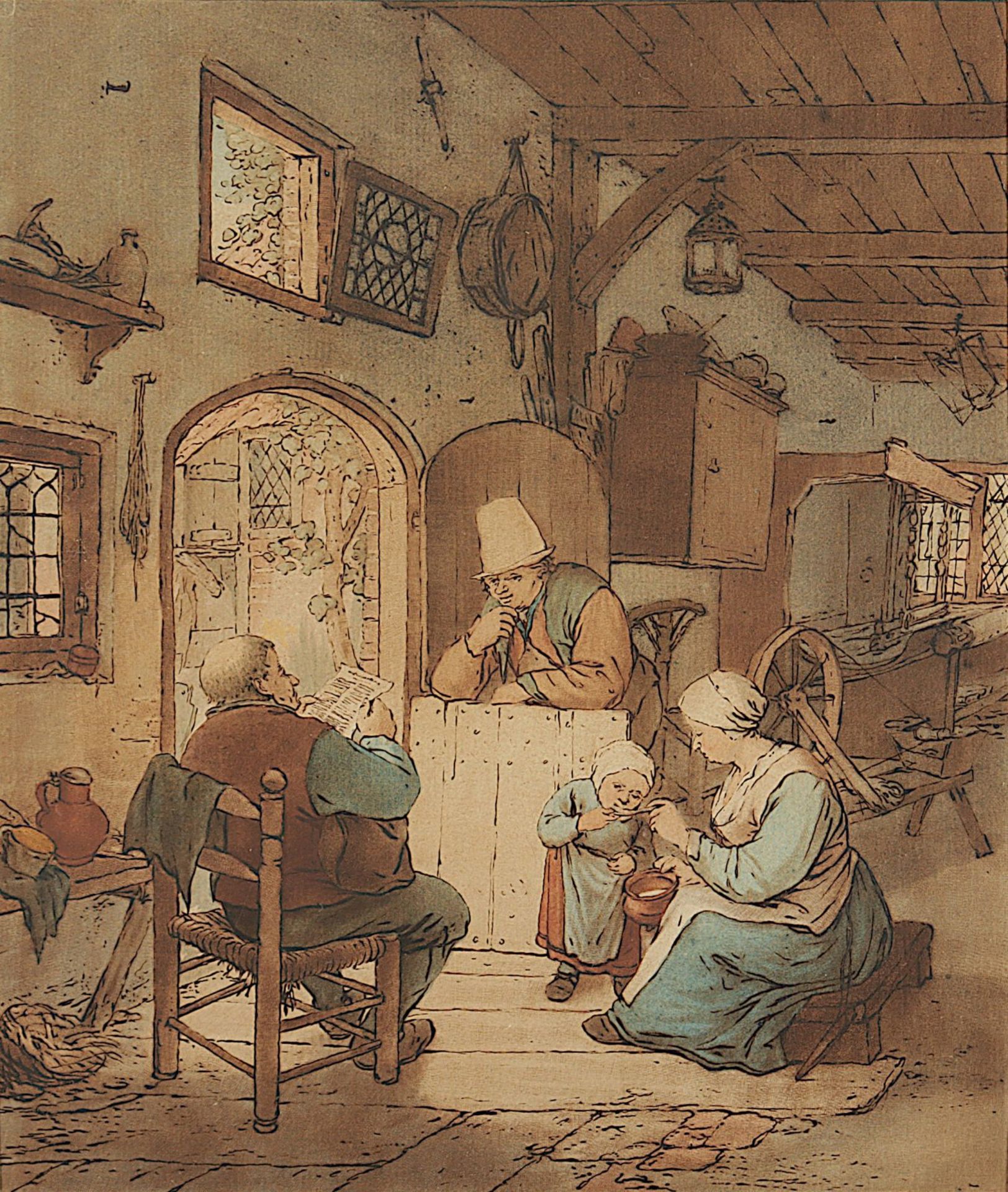 Van Amstel, Cornelius Ploos (1726-1798), "Der Zeitungsleser", kolorierte Radierung, nach Ostade