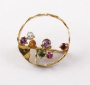 Brosche, 750/ooo Gelbgold, versch. Schmucksteine, 6,8g
