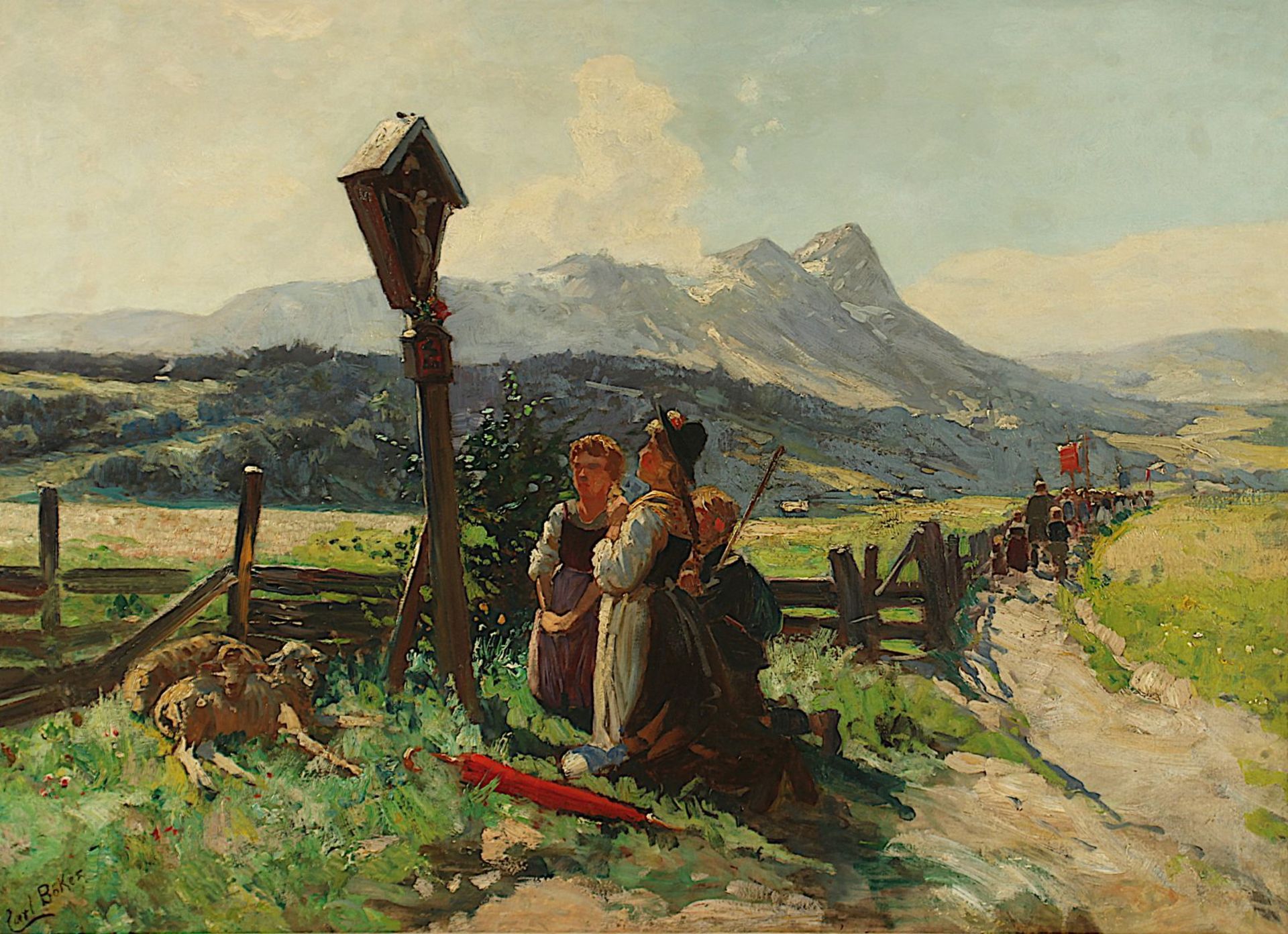 Böker, Carl (1836-1905), "Drei Bauernkinder am Wegkreuz", R.