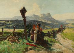 Böker, Carl (1836-1905), "Drei Bauernkinder am Wegkreuz", R.