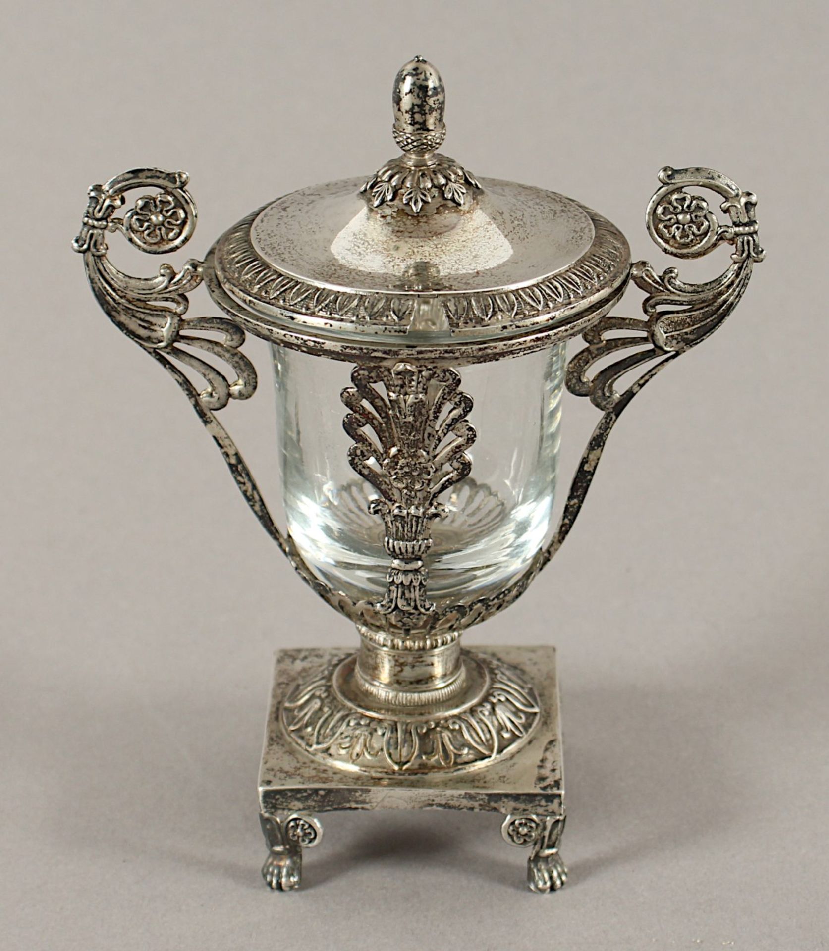 Senfgefäß, Silber 13lötig, Glas, deutsch, 19.Jh.