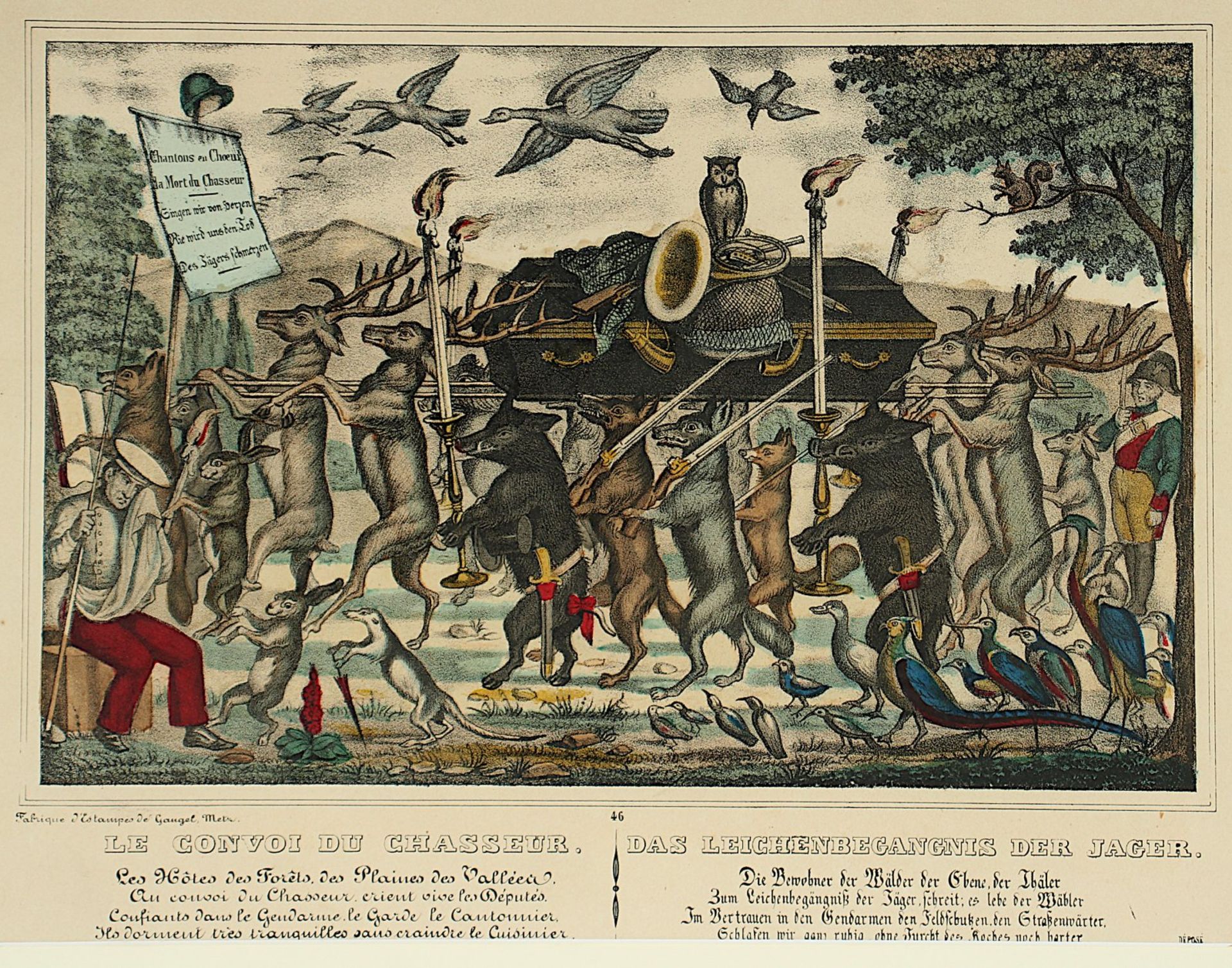 Das Leichenbegräbnis der Jäger, kolorierte Lithografie, R. - Bild 2 aus 2