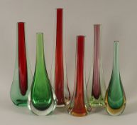 sechs Stangenvasen, wohl Murano, um 1960
