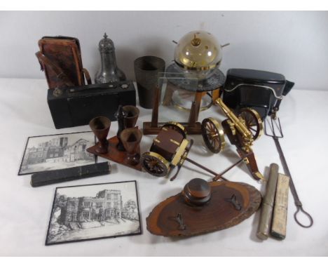 Case of various items to include cameras, sifter and barometer etc