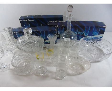 Box of various cut glass to include a decanter, barrel and 3 box sets of glasses