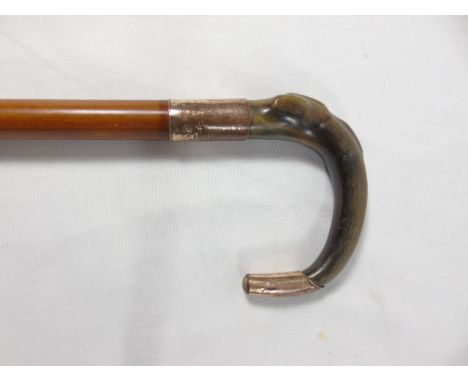 Antique horn handled walking stick with gold plated mounts approx. 36"