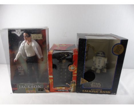 3 Boxed toys including Dr Who money box, Michael Jackson figure and Star Wars toy