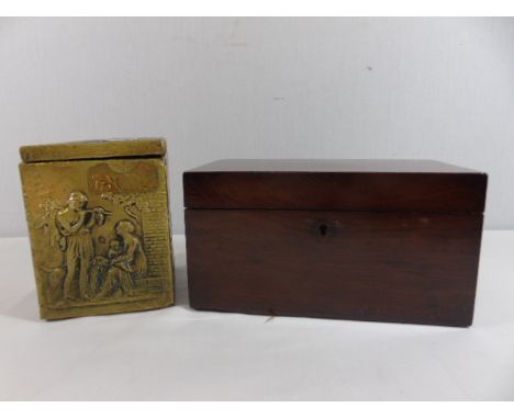 Antique mahogany tea caddy together with a brass bound tea caddy