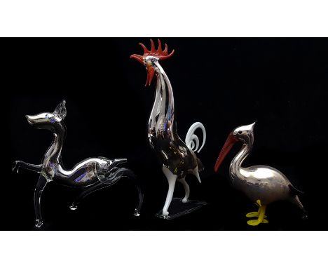 Bimini - A group of three mercury glass lamp blown animals comprising of Cockerel, Pelican and Faun, 18.5cm high max (3)