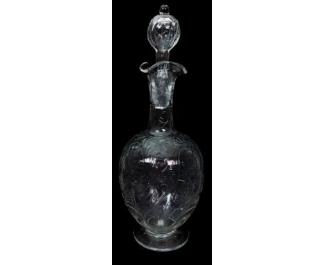 Stourbridge England - A small size intaglio cut 'rock crystal' decanter finely cut with oriental pheasants and flowers within