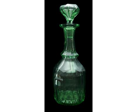A English green glass decanter and stopper of panelled mallet form, 30cm high