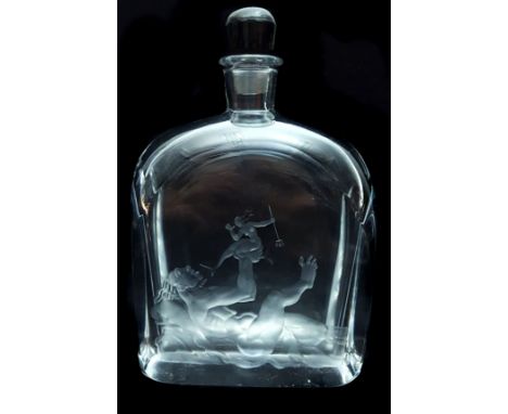 Simon Gate for Orrefors - A decanter and stopper finely engraved with Neptune playing with a triton, rectangular section with