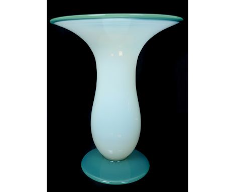 Steuben - An American opaline glass vase, of tulip form with flared spreading upper rim edged in green on a green circular fo