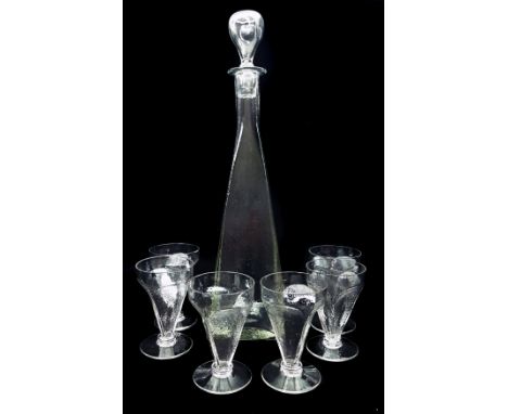 James Powell & Sons Whitefriars Limited - A M54 colourless glass decanter, textured finish; and six conforming glasses c1940'