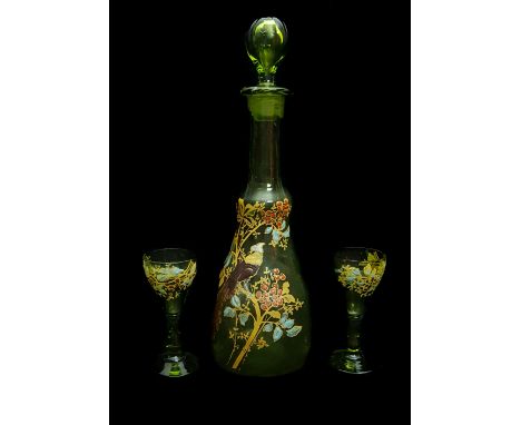 Legras - A green glass liquer decanter and two glasses, the flask form decanter enamelled with a long tailed bird in a tree i