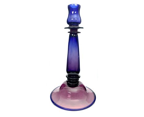 Graystan - Elizabeth Graydon-Stanus - A glass candlestick of Old English classical form of blue and purple colour, engraved G